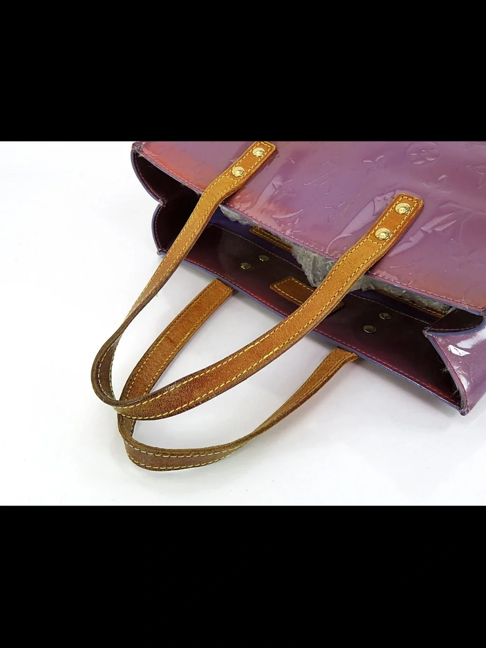 Louis Vuitton Glossy Plum Vernis Tote with Tan Handles
